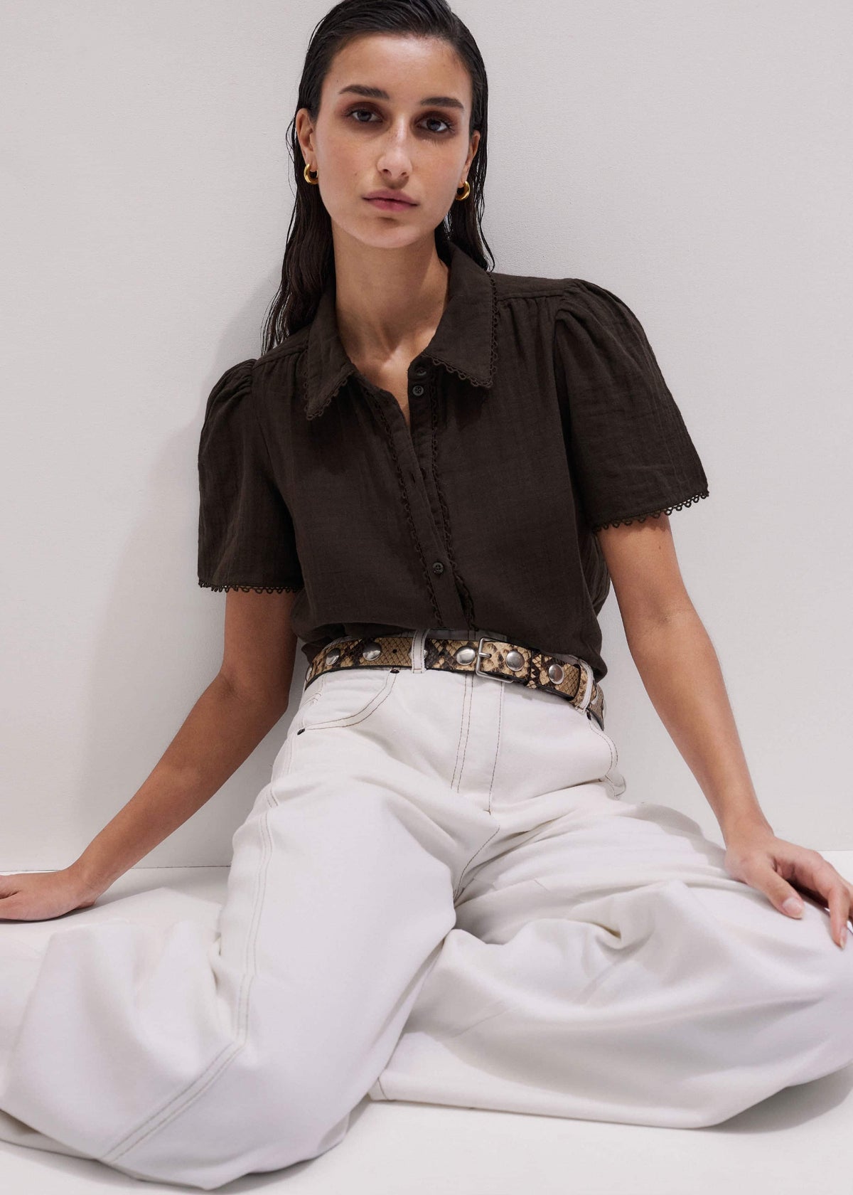 Brown Cheesecloth Trim Detail Blouse