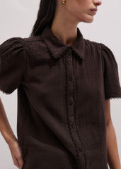 Brown Cheesecloth Trim Detail Blouse