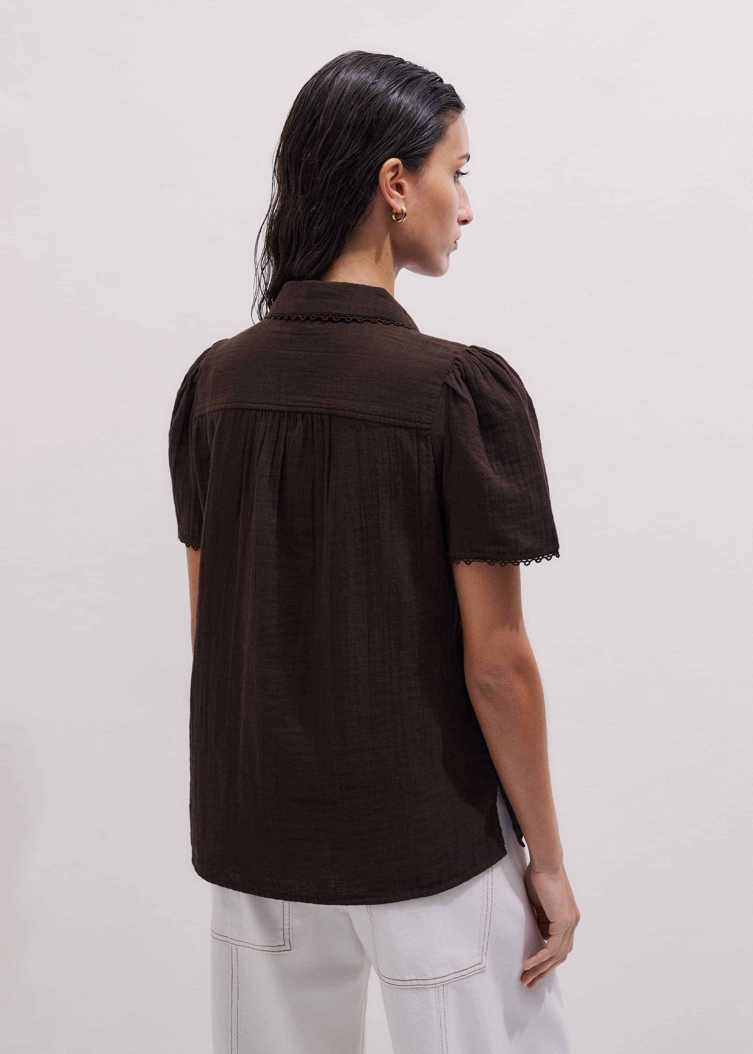 Brown Cheesecloth Trim Detail Blouse