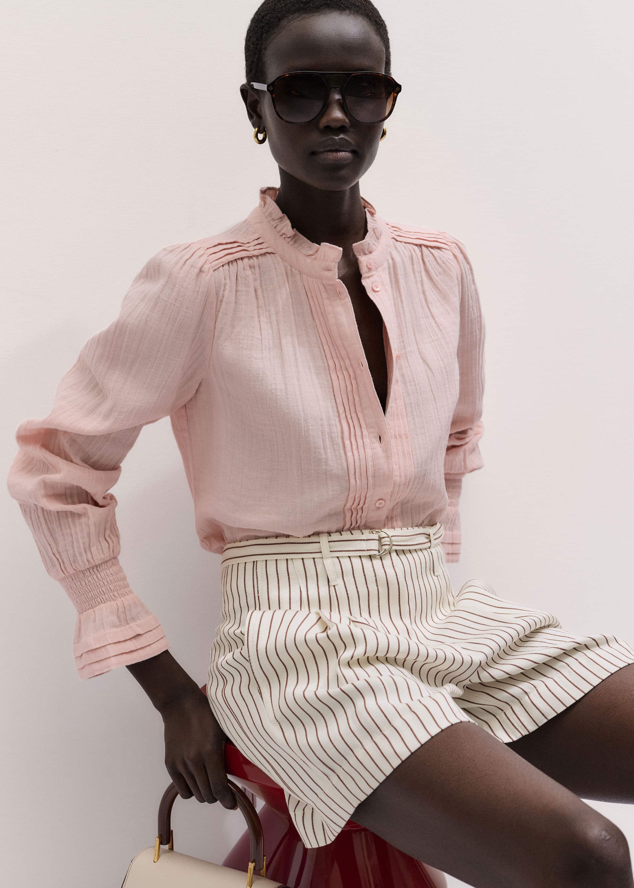 Pink Pleat Detail Long Sleeve Cheesecloth Blouse