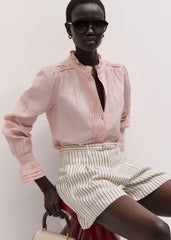 Pink Pleat Detail Long Sleeve Cheesecloth Blouse
