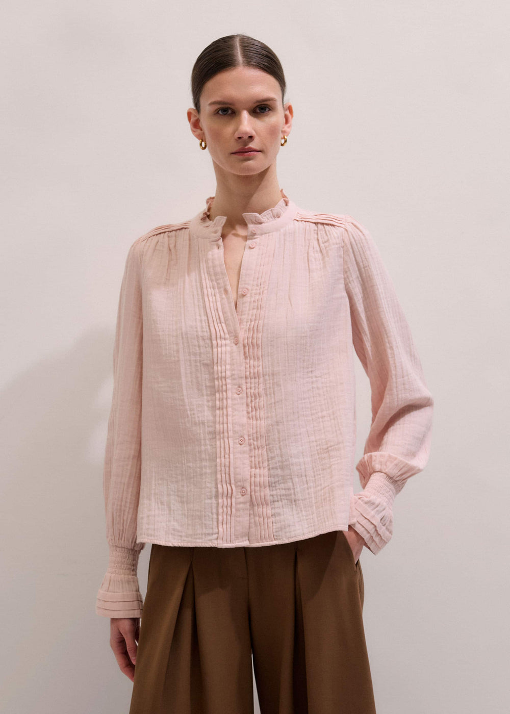 Pink Pleat Detail Long Sleeve Cheesecloth Blouse