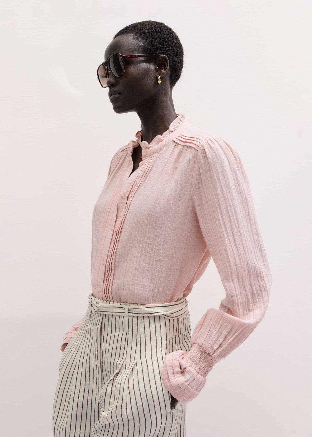 Pink Pleat Detail Long Sleeve Cheesecloth Blouse