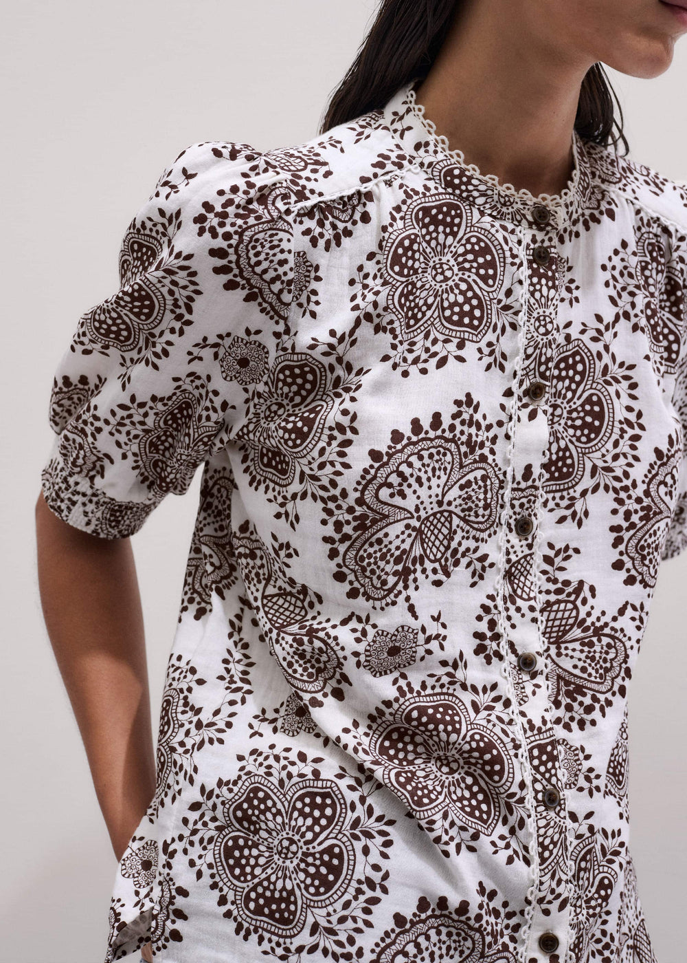 White Cheesecloth In-Full-Bloom Print Straight Blouse
