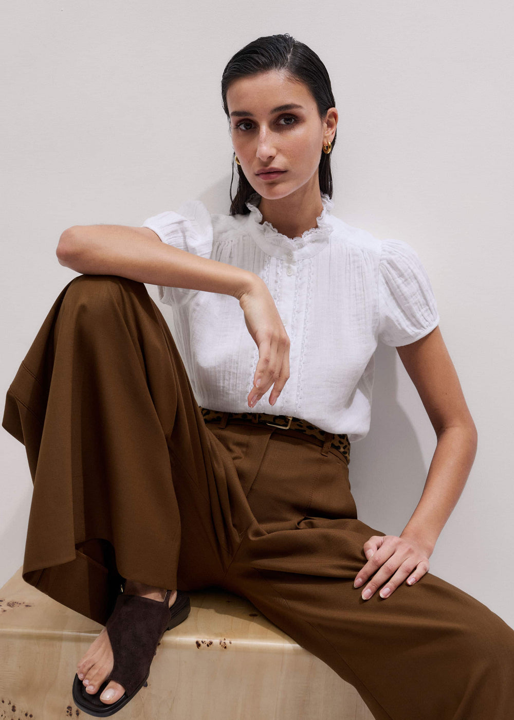 White Straight Cheesecloth Cap-Sleeve Blouse