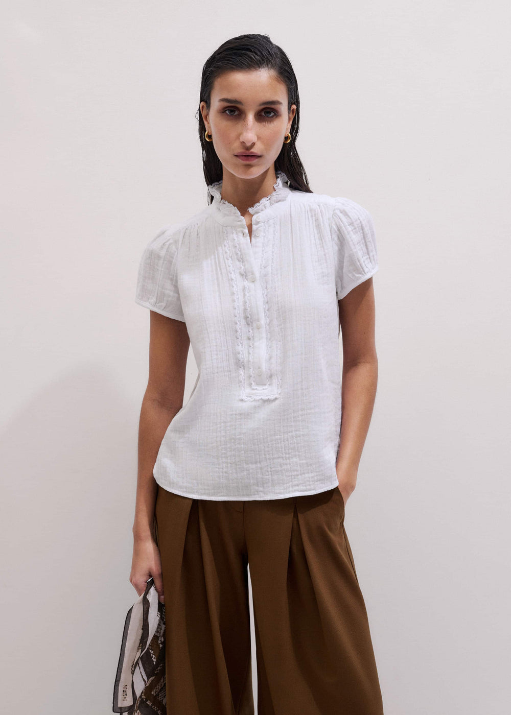 White Straight Cheesecloth Cap-Sleeve Blouse