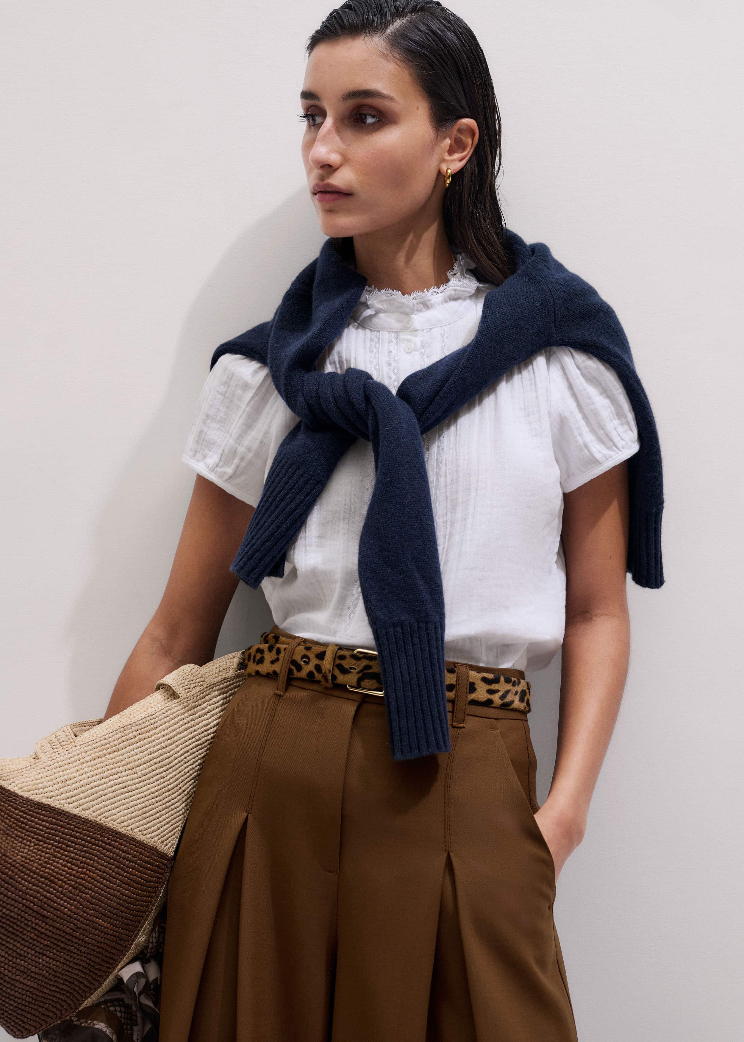 White Straight Cheesecloth Cap-Sleeve Blouse