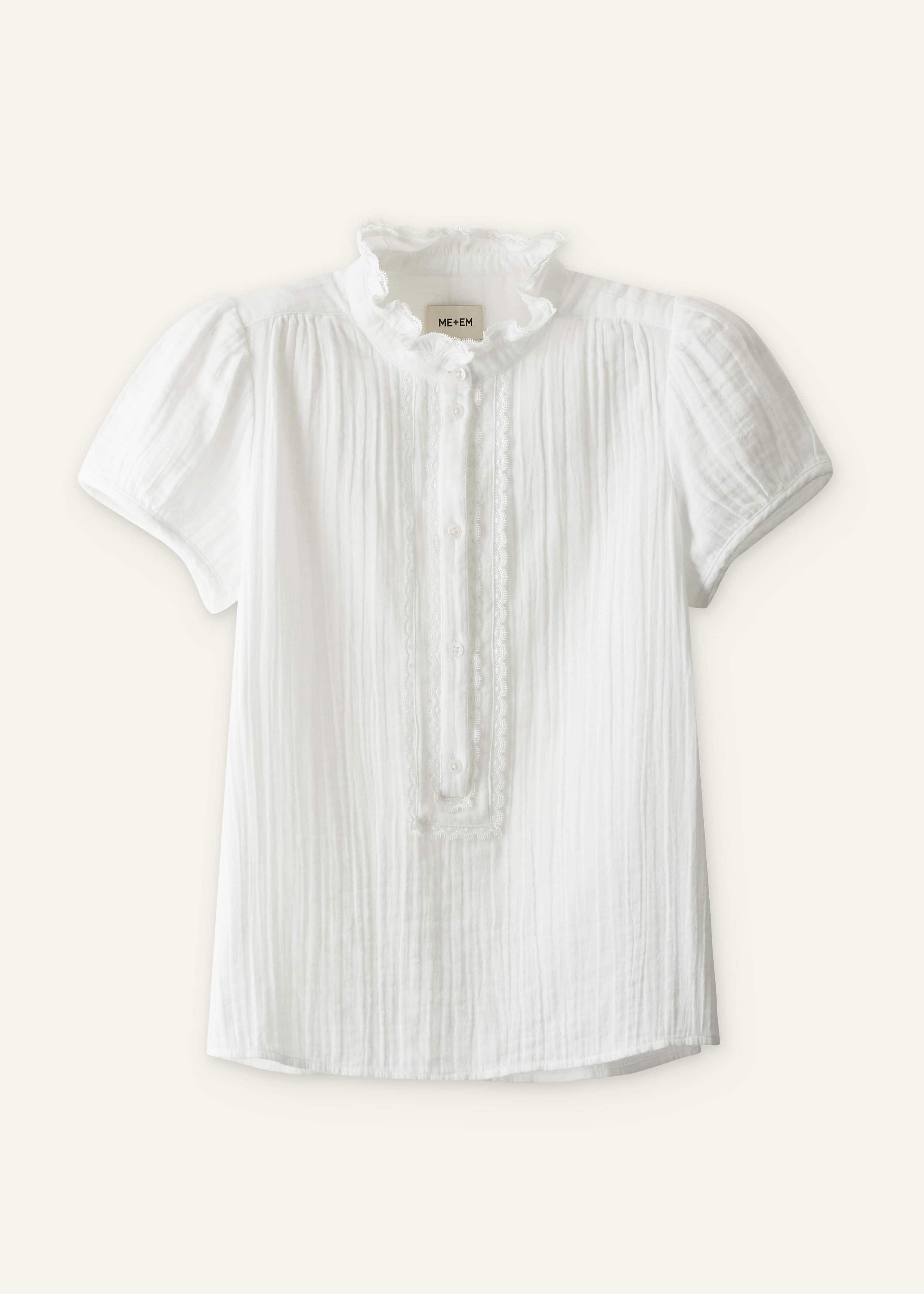 White Straight Cheesecloth Cap-Sleeve Blouse