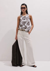White Cheesecloth Full Bloom Print Short Straight Top