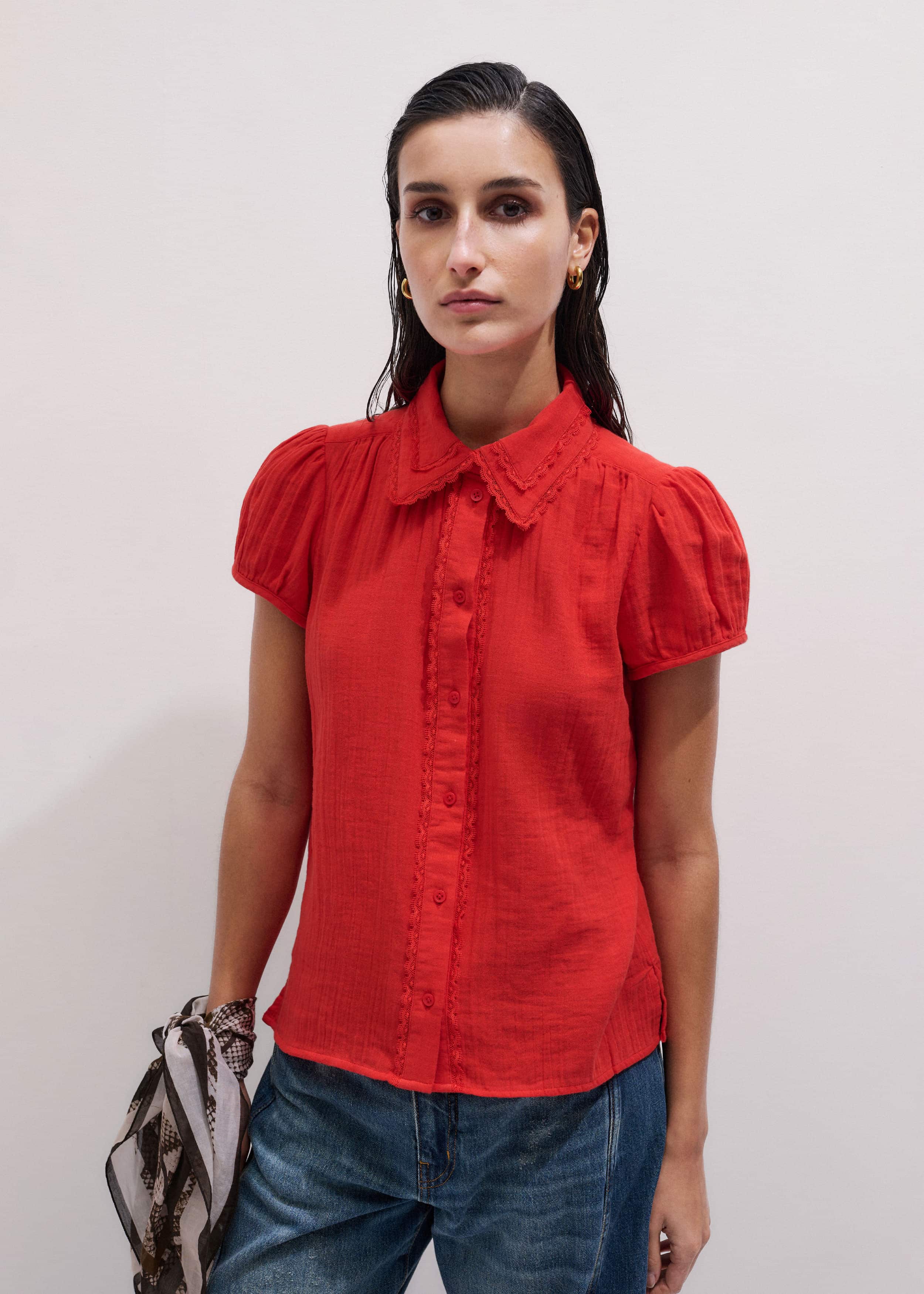 Red Cheesecloth Cap-Sleeve Blouse