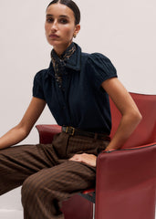 Navy Cheesecloth Cap-Sleeve Blouse