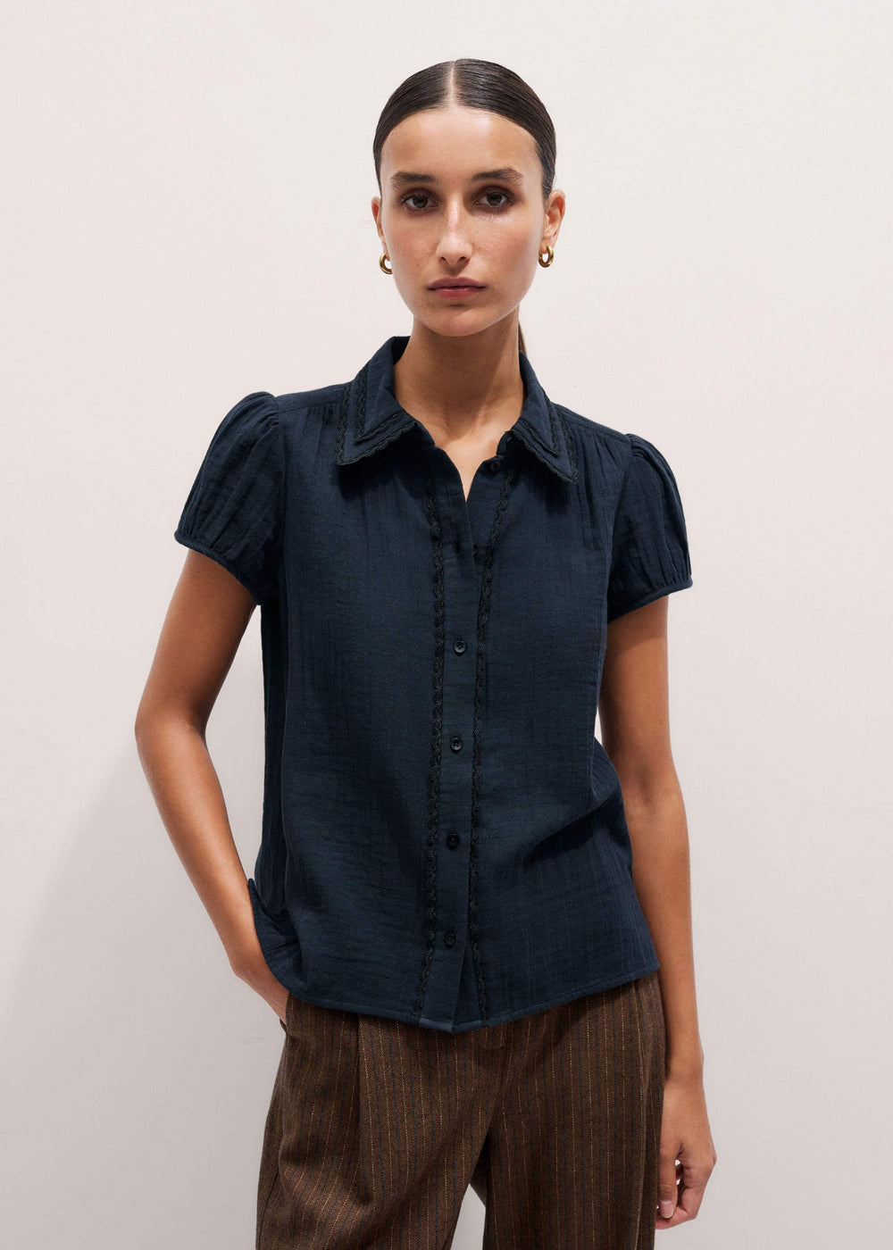Navy Cheesecloth Cap-Sleeve Blouse