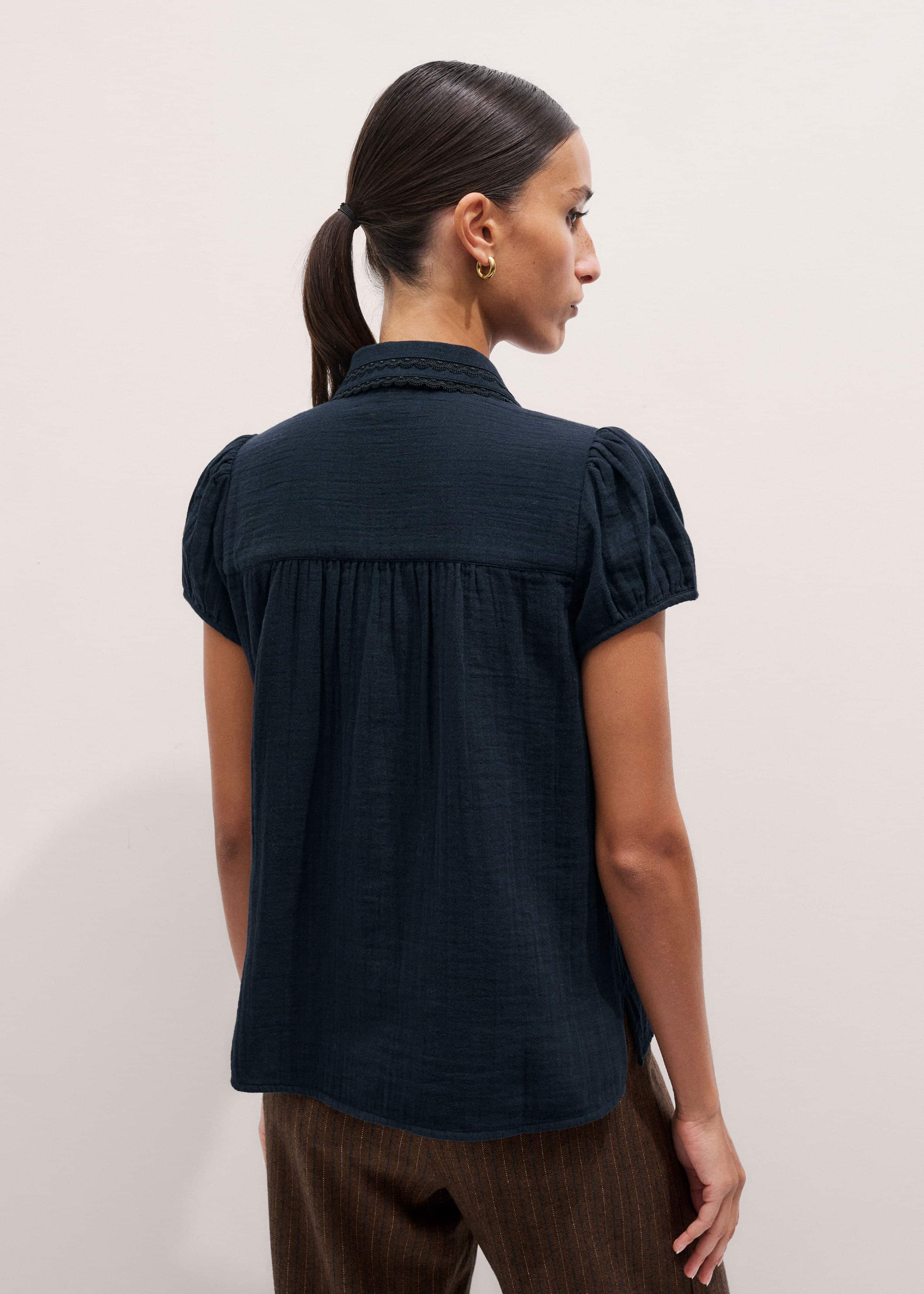 Navy Cheesecloth Cap-Sleeve Blouse