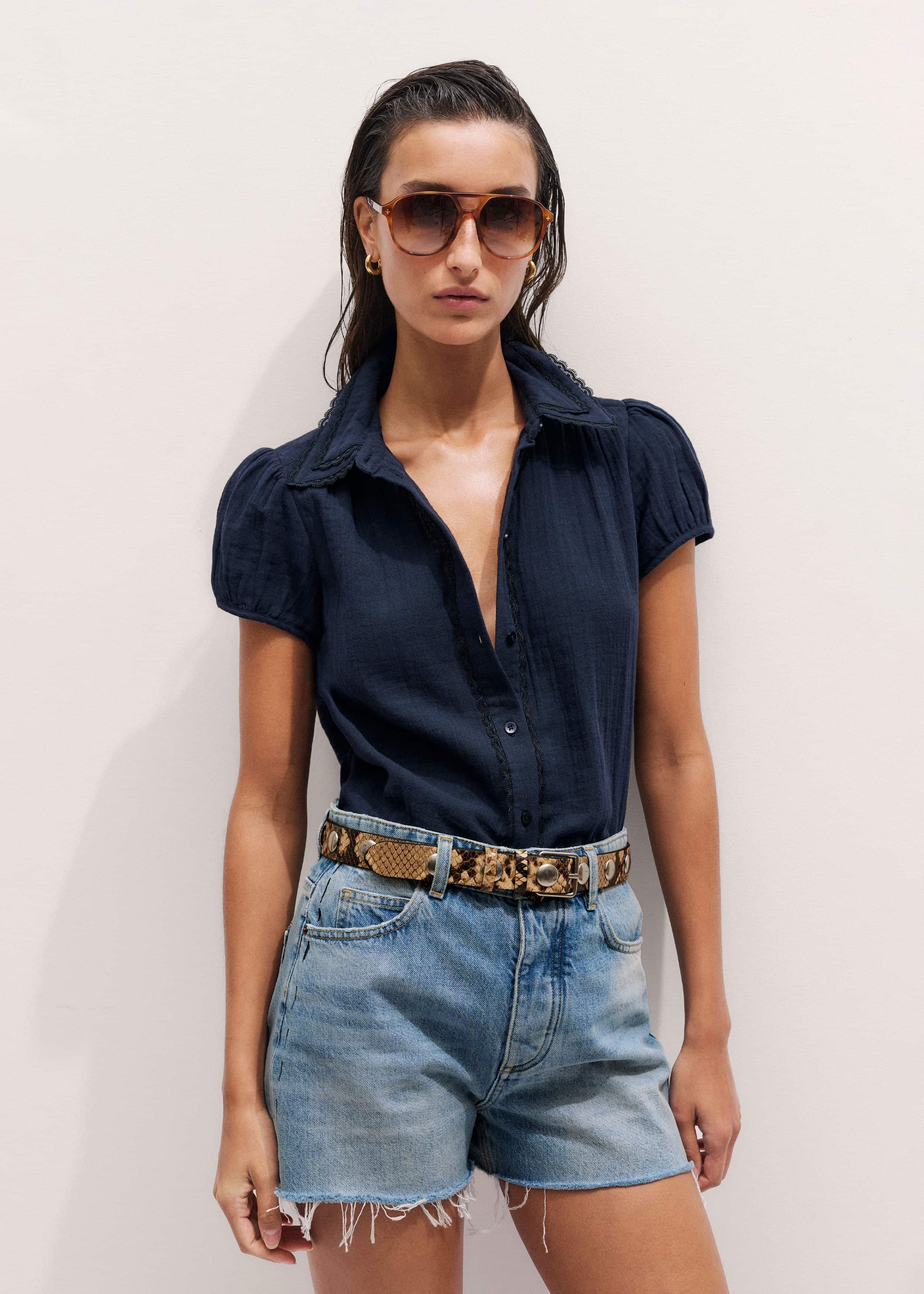 Navy Cheesecloth Cap-Sleeve Blouse