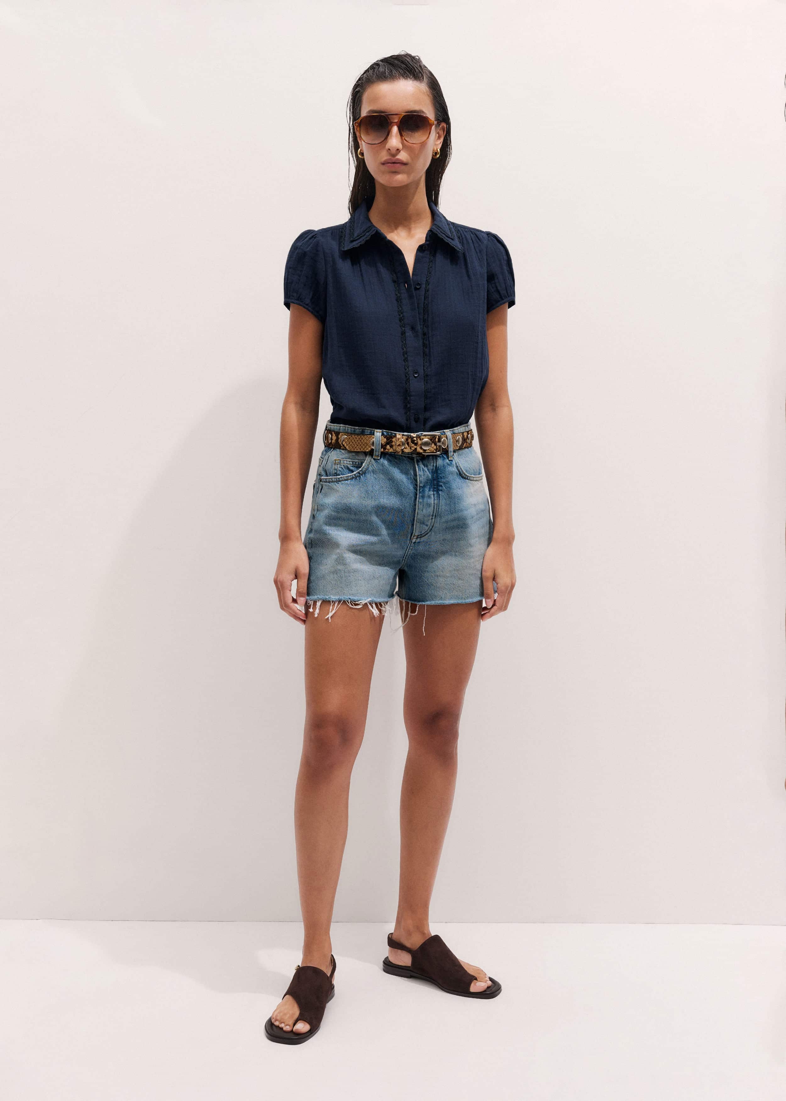 Navy Cheesecloth Cap-Sleeve Blouse