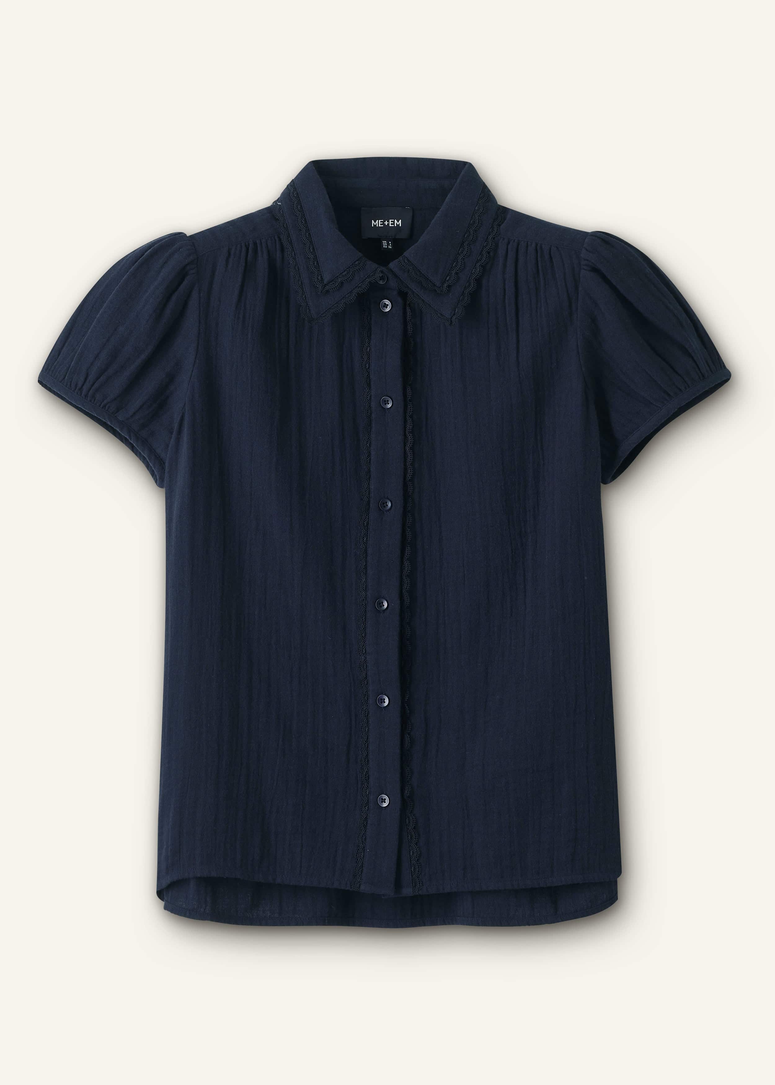 Navy Cheesecloth Cap-Sleeve Blouse