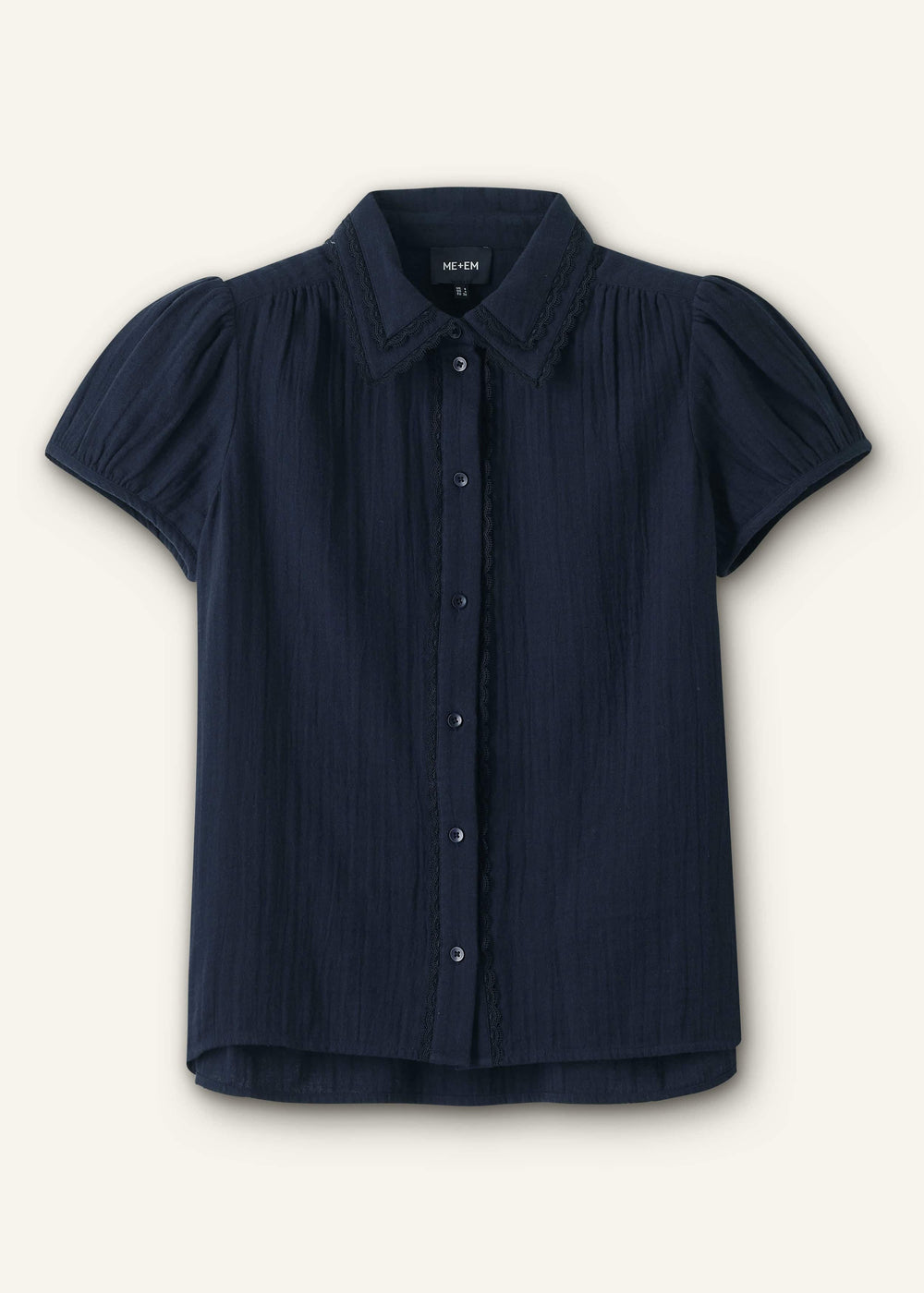 Navy Cheesecloth Cap-Sleeve Blouse