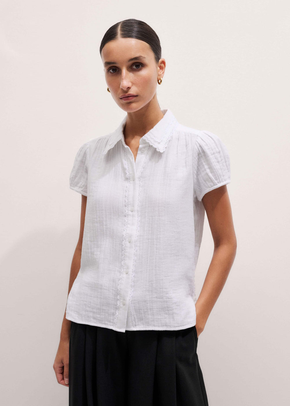 White Cheesecloth Cap-Sleeve Blouse