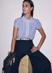 Navy Cheesecloth Stripe Cap-Sleeve Blouse