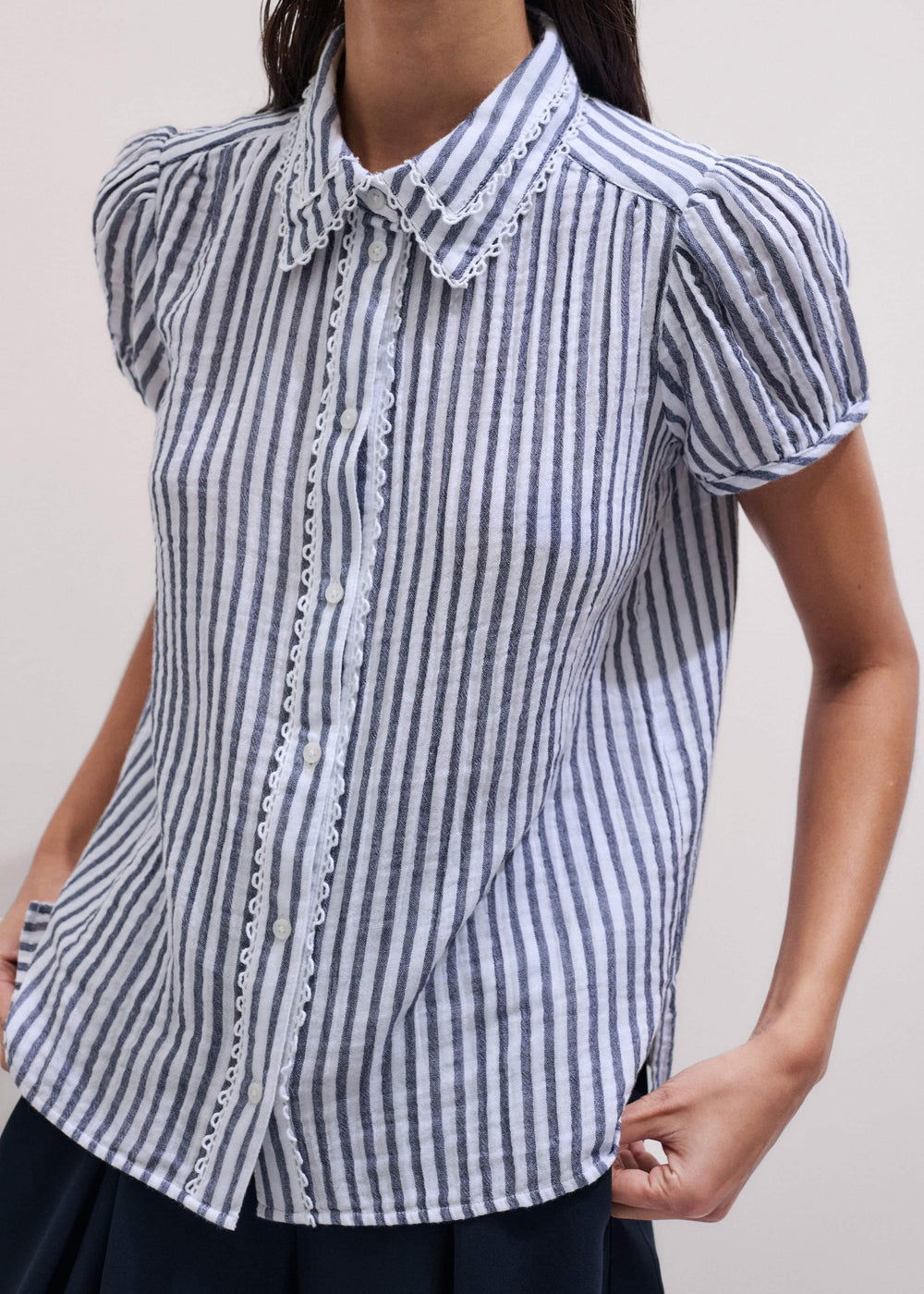 Navy Cheesecloth Stripe Cap-Sleeve Blouse