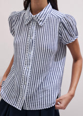 Navy Cheesecloth Stripe Cap-Sleeve Blouse