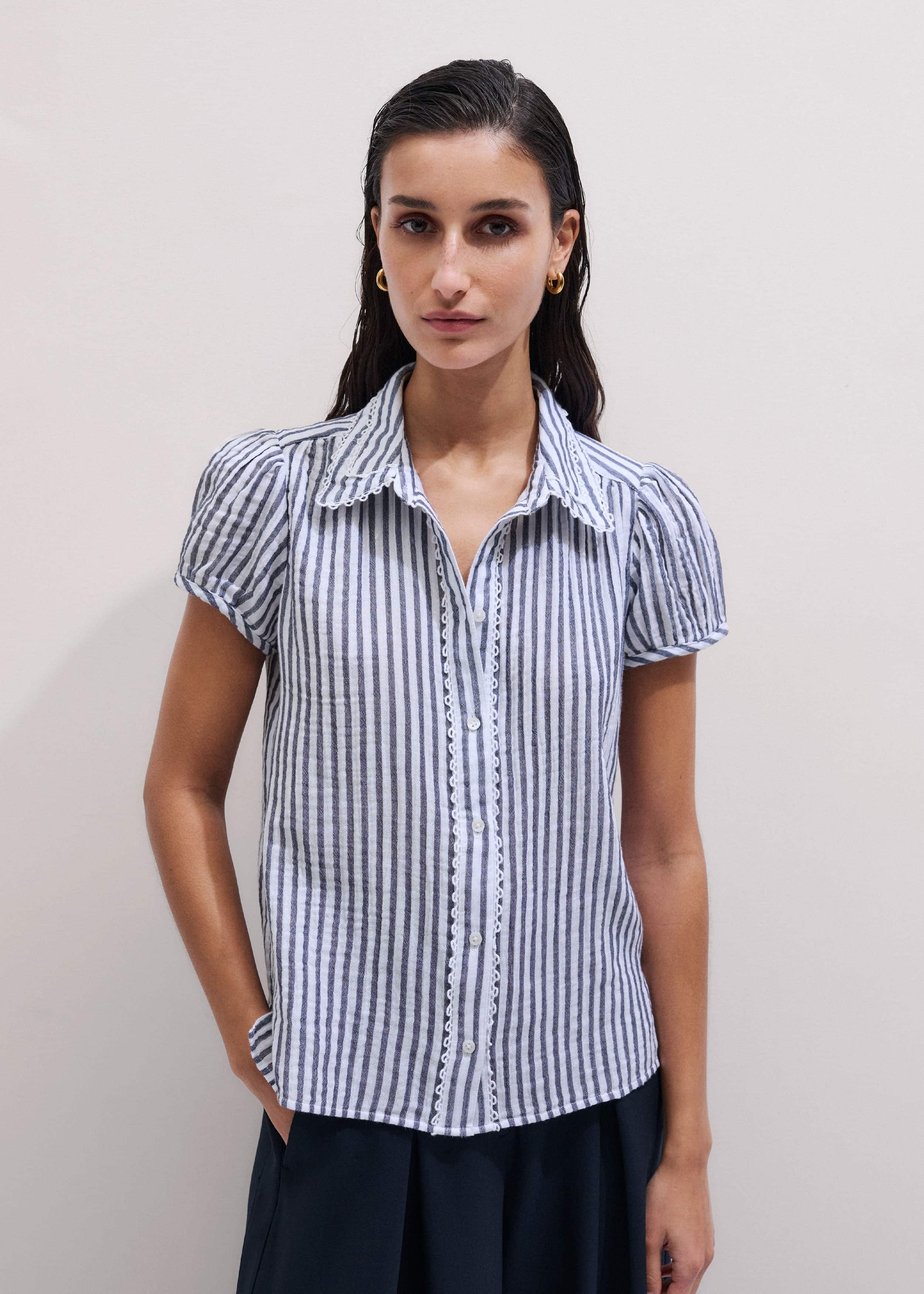 Navy Cheesecloth Stripe Cap-Sleeve Blouse