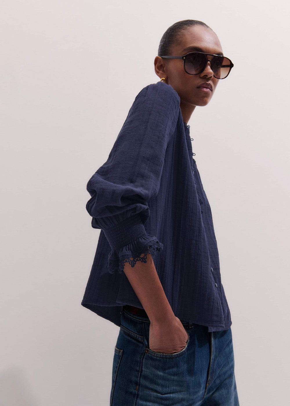 Navy Cheesecloth Intricate Detail Blouse