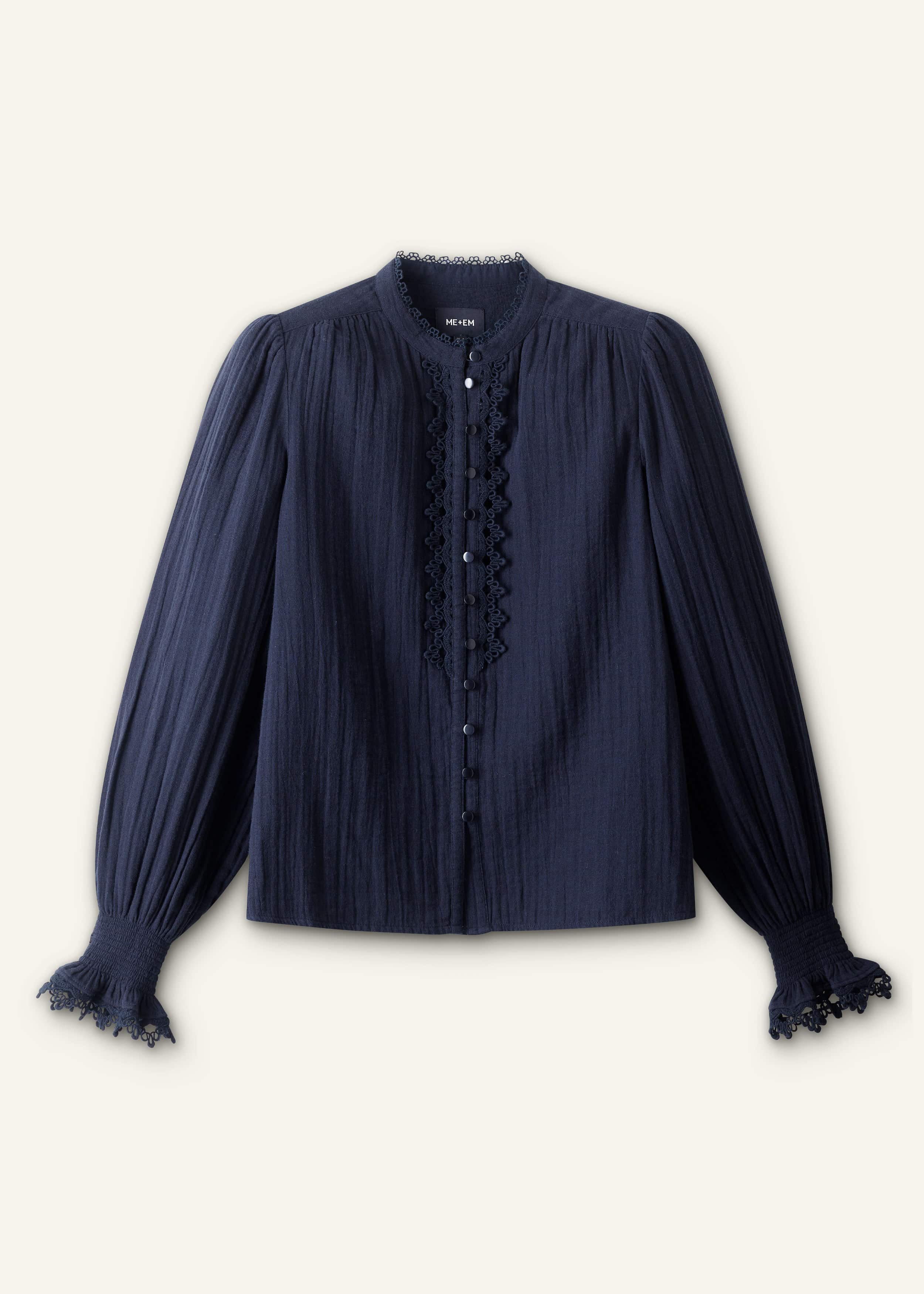 Navy Cheesecloth Intricate Detail Blouse