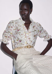 Cream Silk Cotton Wild Spring Floral Print Blouse