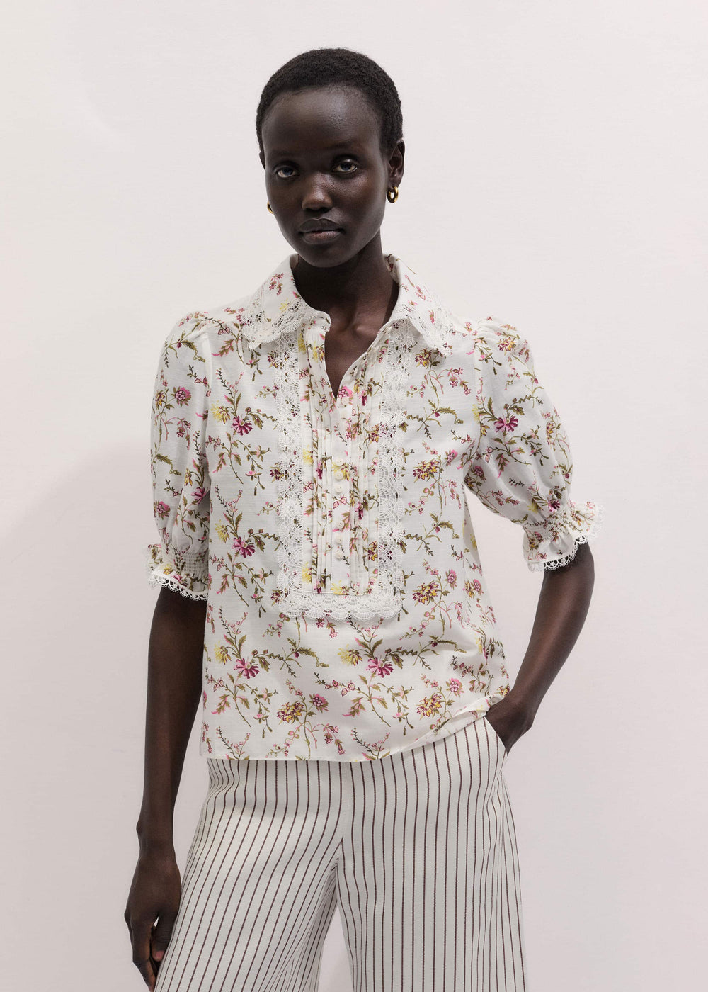 Cream Silk Cotton Wild Spring Floral Print Blouse