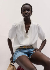 White Silk + Cotton Pintuck Detail Straight Blouse