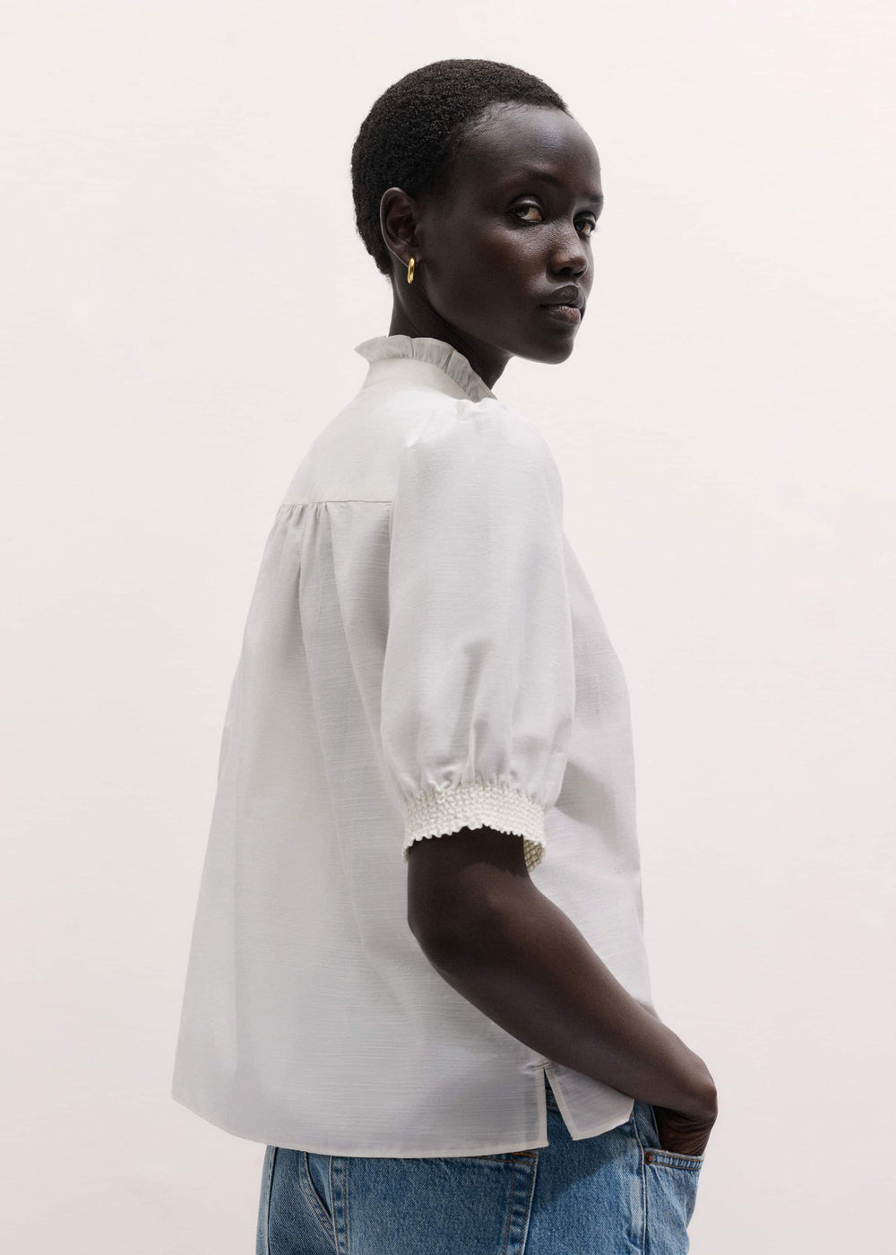 White Silk + Cotton Pintuck Detail Straight Blouse