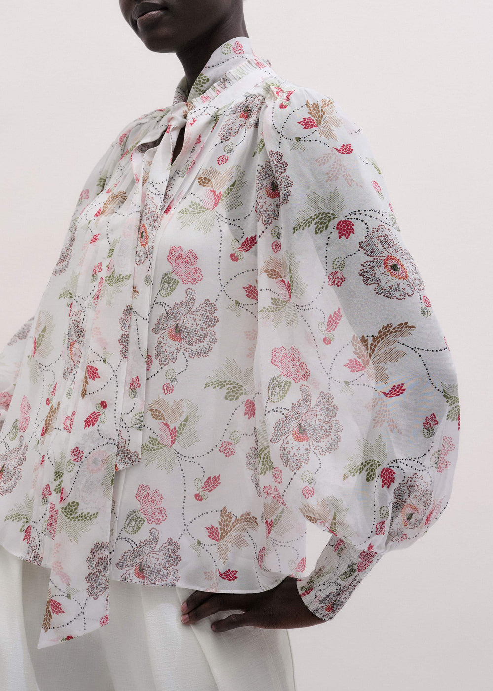 Cream Silk Balloon Sleeve Blouse