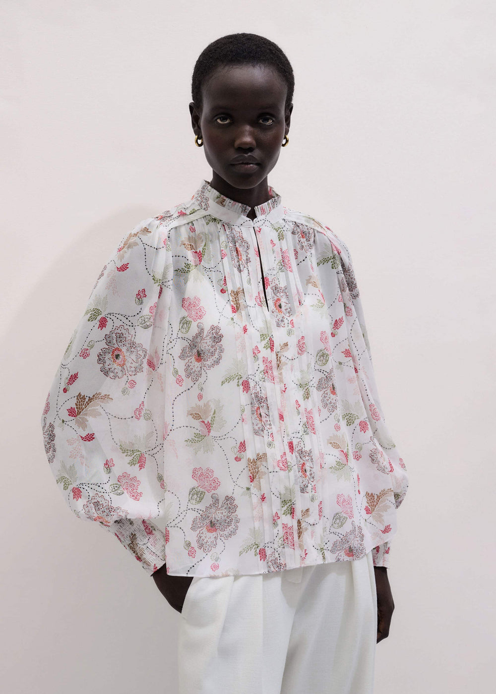 Cream Silk Balloon Sleeve Blouse