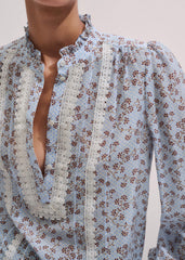 Blue Scallop Daisy Print Trim Detail Blouse + Tie
