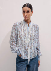 Blue Scallop Daisy Print Trim Detail Blouse + Tie