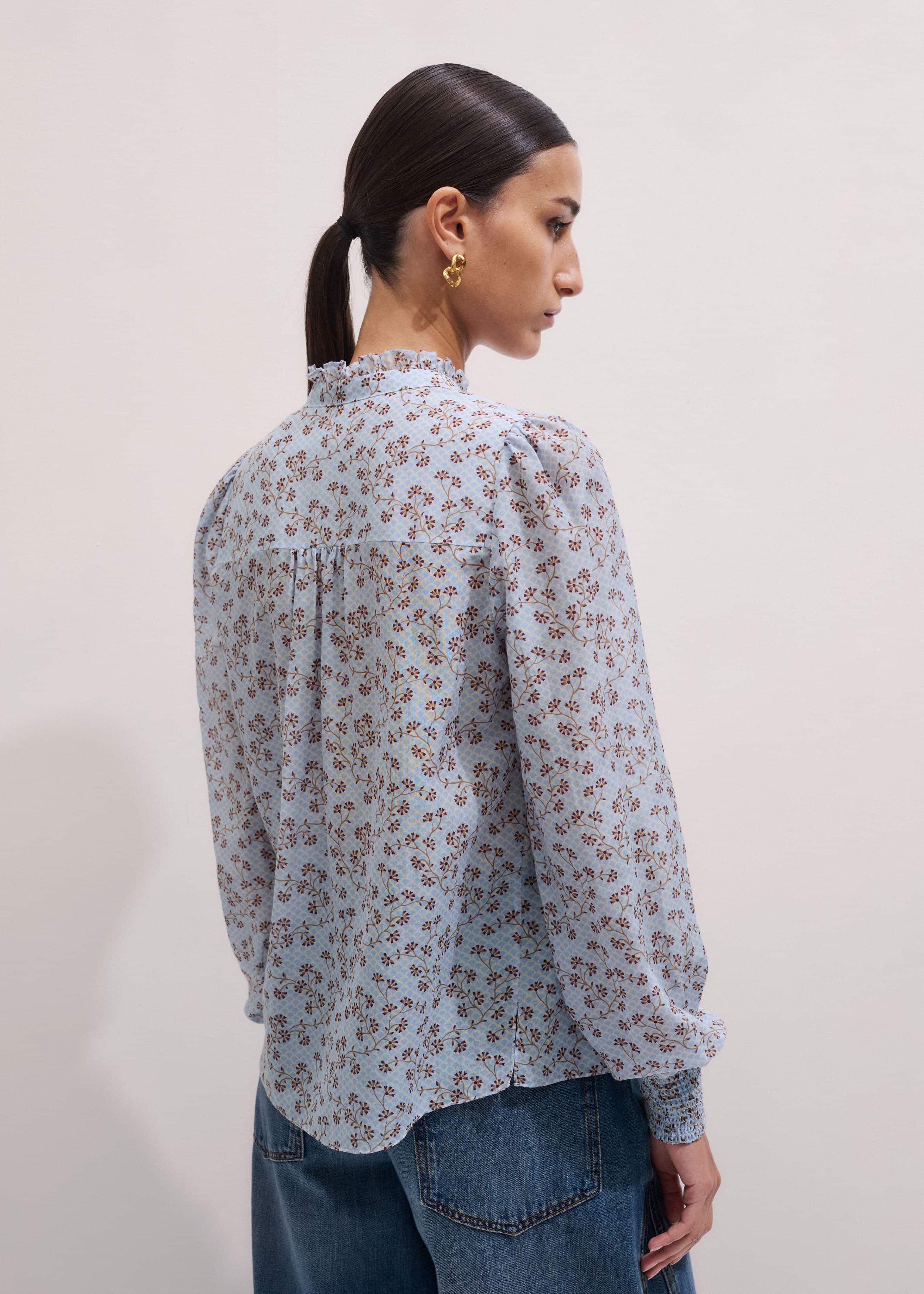 Blue Scallop Daisy Print Trim Detail Blouse + Tie