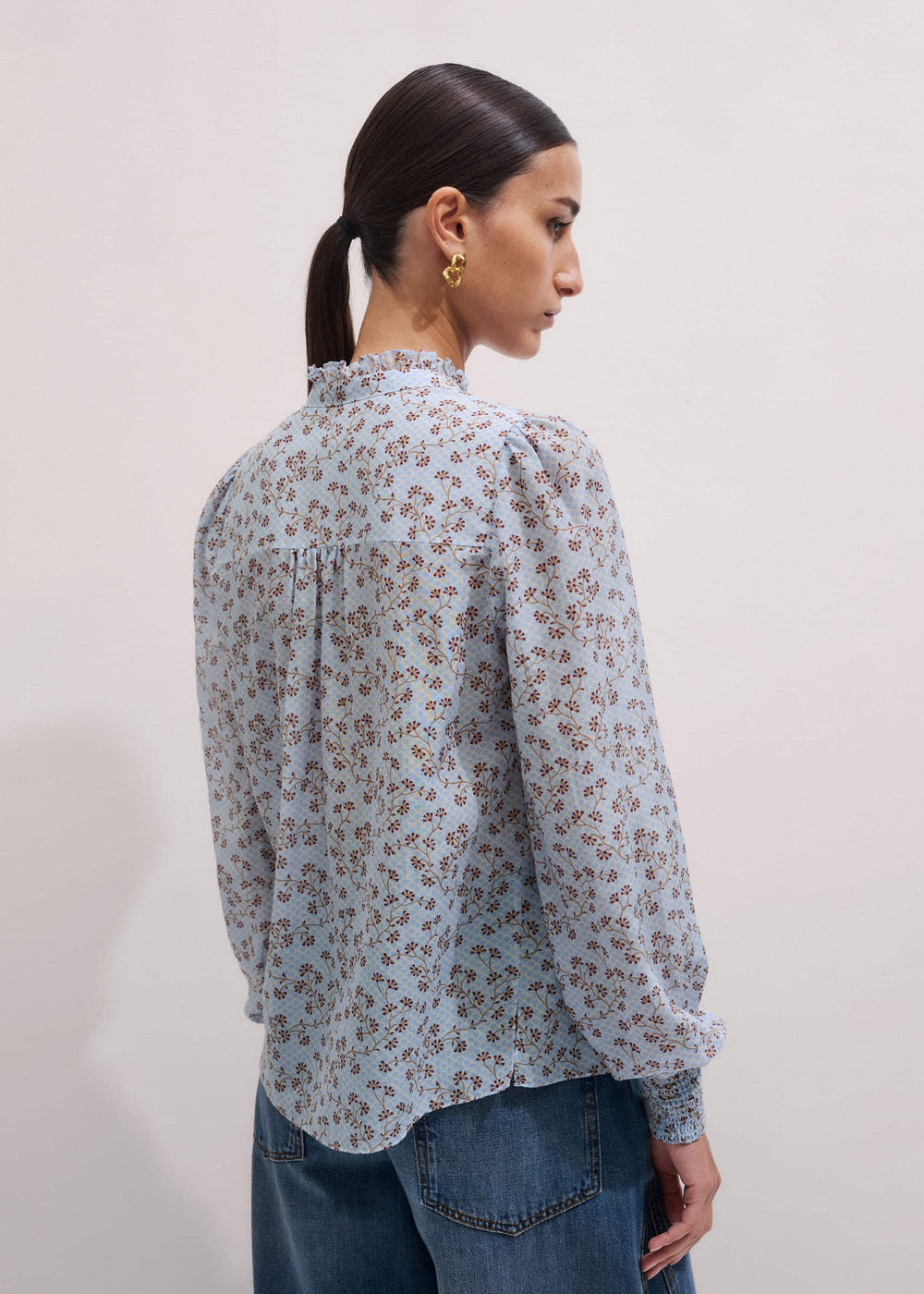 Blue Scallop Daisy Print Trim Detail Blouse + Tie