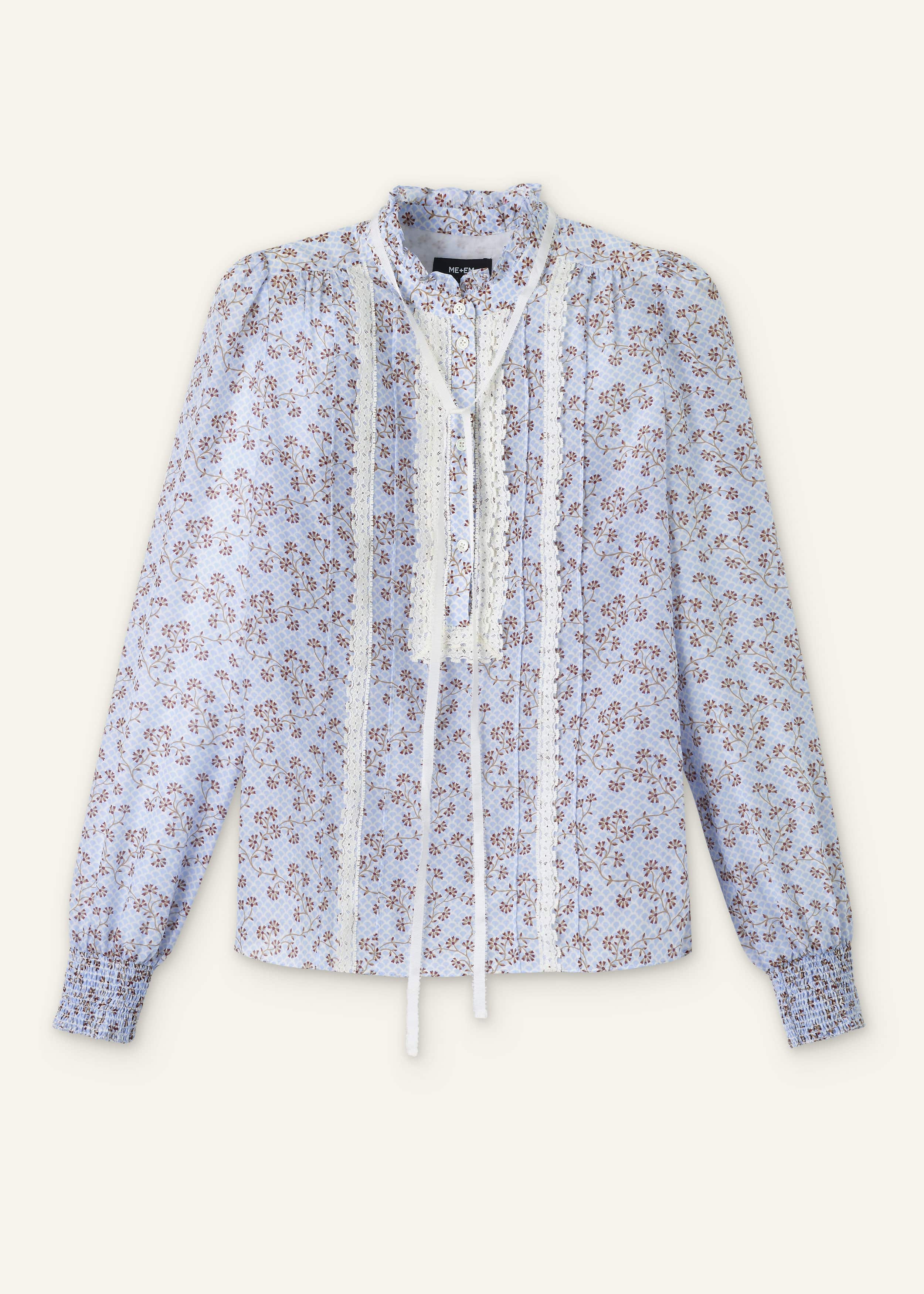 Blue Scallop Daisy Print Trim Detail Blouse + Tie