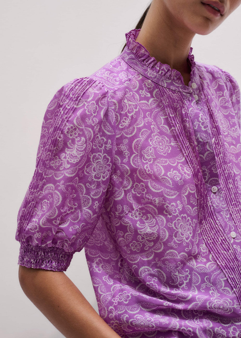 Purple Silk Cotton Entangled Lace Print Straight Blouse