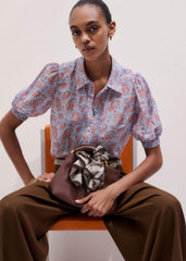Blue Silk Cotton Gilded Paisley Print Straight Blouse