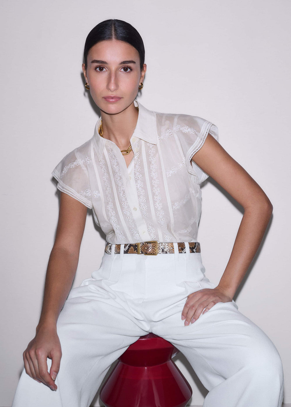 Cream Silk Cotton Embroidery Collar Swing Blouse