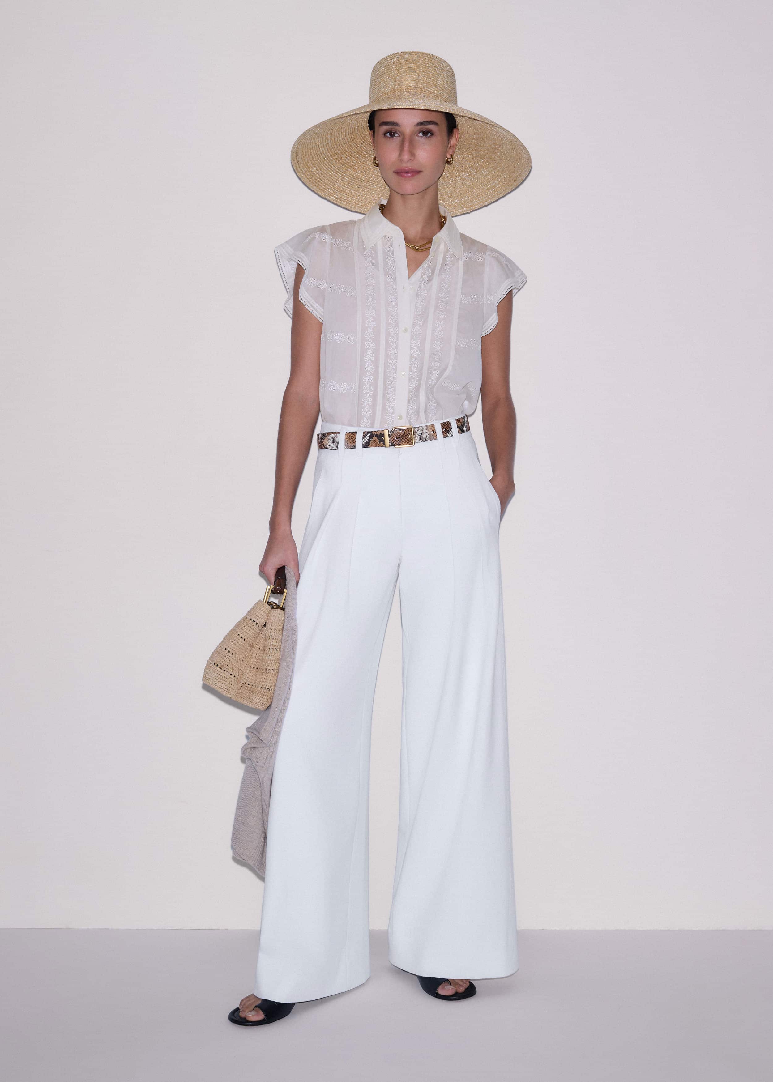 Cream Silk Cotton Embroidery Collar Swing Blouse