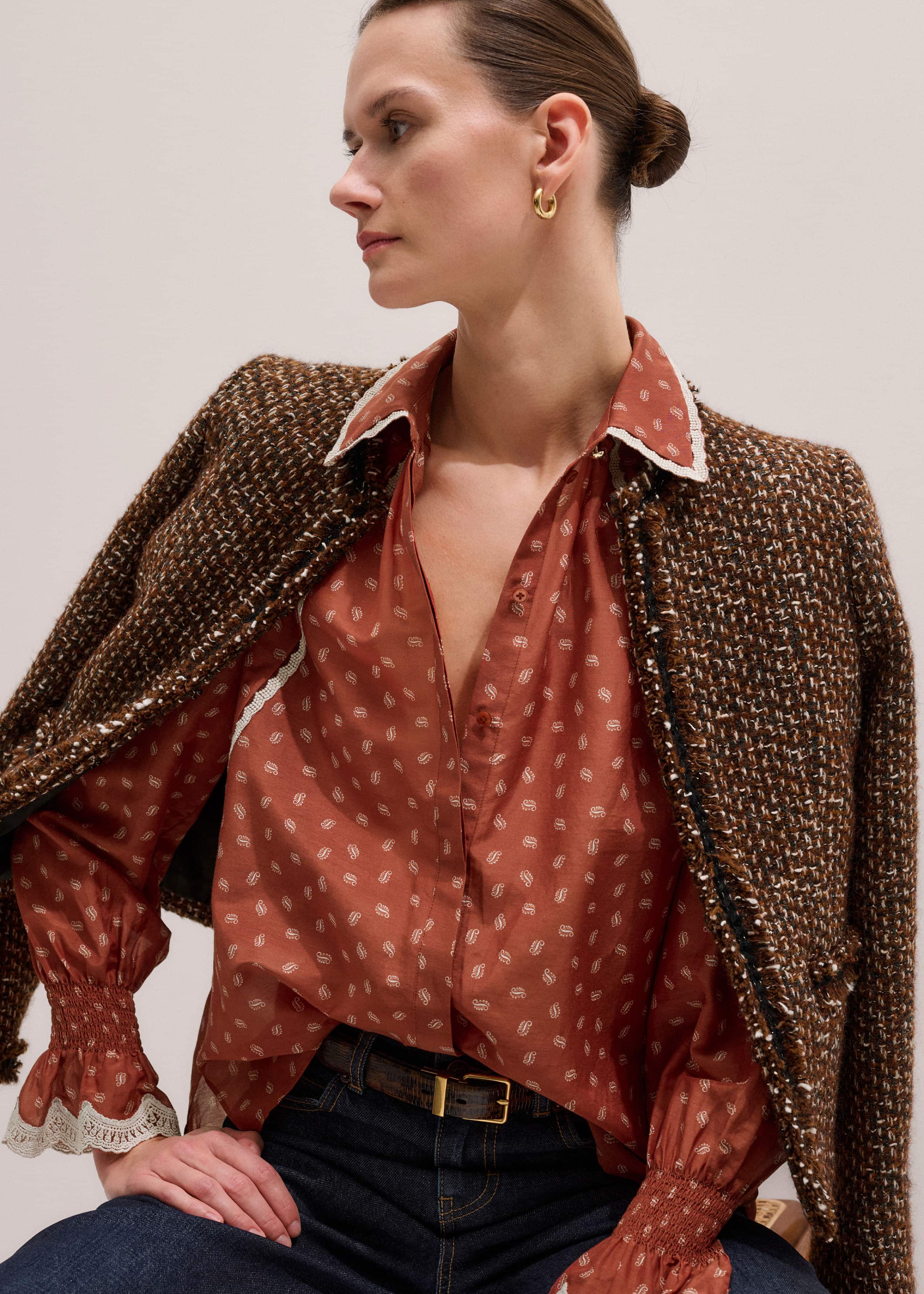 Orange Spaced Paisley Motif Print Blouse