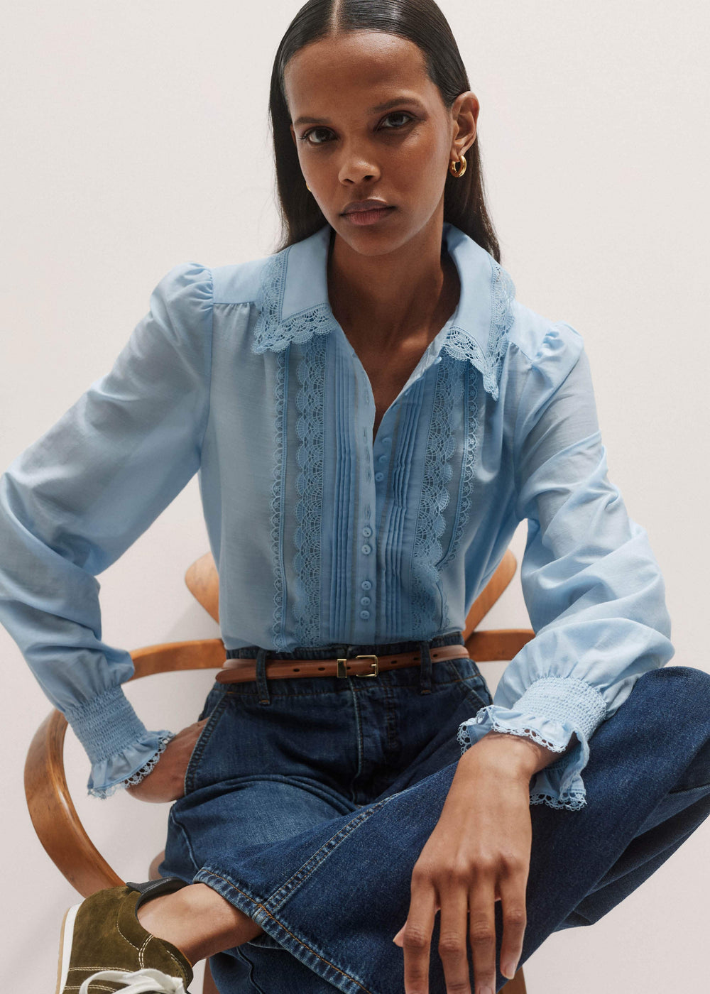 Blue Silk Cotton Lace Trim Straight Blouse
