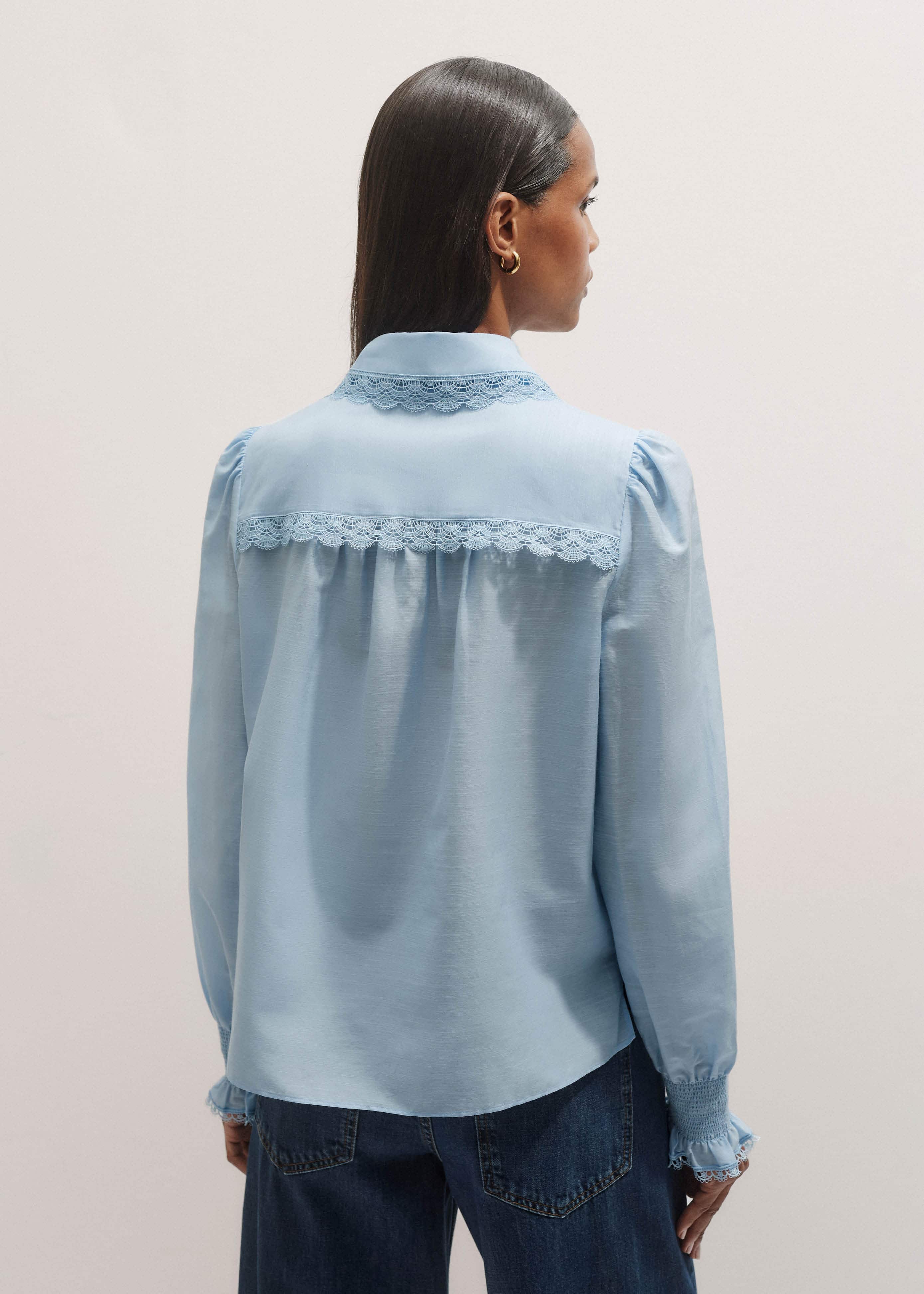 Blue Silk Cotton Lace Trim Straight Blouse