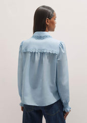 Blue Silk Cotton Lace Trim Straight Blouse