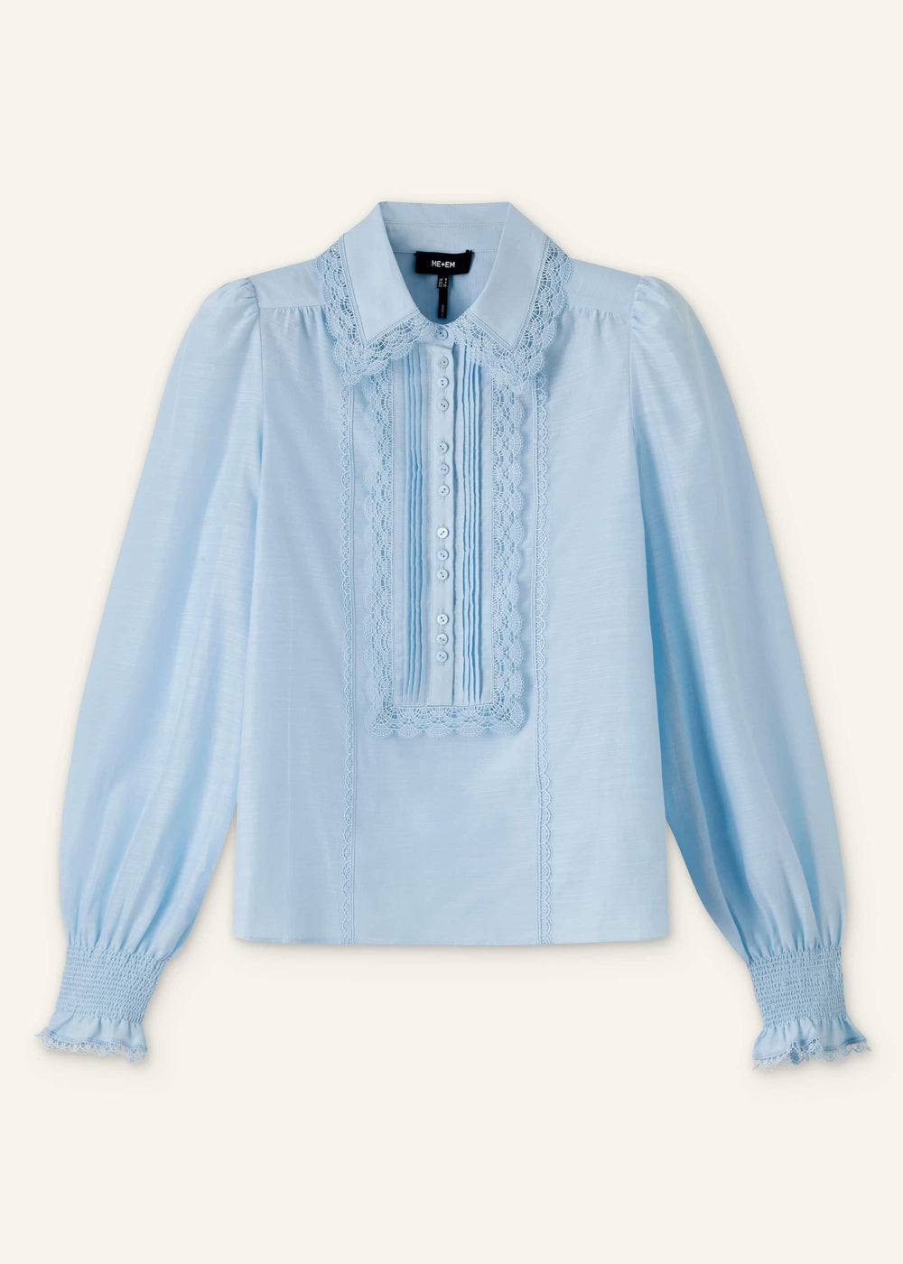 Blue Silk Cotton Lace Trim Straight Blouse
