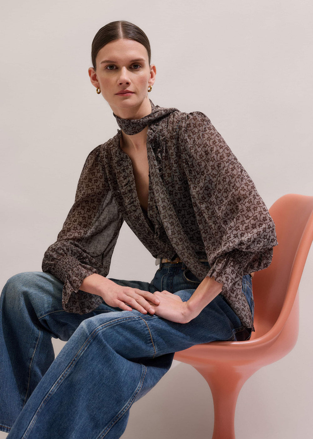 Brown Silk Lace Print Straight In-The-Details Blouse
