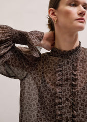 Brown Silk Lace Print Straight In-The-Details Blouse